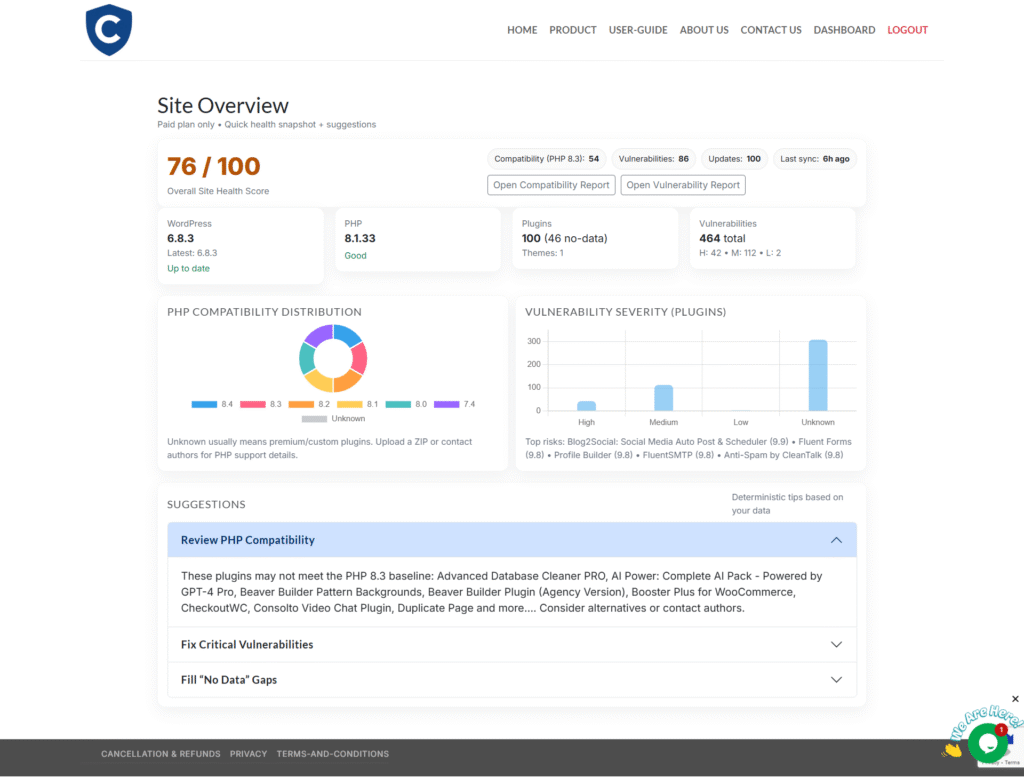 CompatShield Site Overview Dashboard